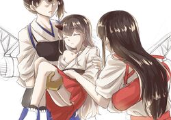  10s 3girls absurdres akagi_(kantai_collection) alternate_hairstyle asakawa_shinka black_hair brown_eyes brown_hair carrying closed_eyes eyebrows_visible_through_hair gloves hair_between_eyes hair_down hakama_skirt highres horn japanese_clothes kaga_(kantai_collection) kantai_collection kasuga_maru_(kantai_collection) kimono multiple_girls muneate no_eyes partly_fingerless_gloves princess_carry quiver shinkaisei-kan side_ponytail socks straight_hair tasuki torn_clothes white_background work_in_progress yugake 