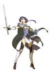  1girl armor armored_boots bare_shoulders bell black_legwear blue_hair boots breastplate cape fingerless_gloves fire_emblem fire_emblem_cipher fire_emblem_echoes:_mou_hitori_no_eiyuuou full_body gloves hair_ornament hidari_(left_side) highres holding holding_sword holding_weapon long_hair looking_away official_art open_mouth purple_hair short_sleeves solo sword teeth thigh-highs weapon yuzu_(fire_emblem) zettai_ryouiki 