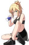  1girl aqua_eyes blush braid breasts fate/apocrypha fate_(series) grin hirame_sa ponytail saber_of_red sitting smile solo sweat swimsuit 