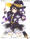  +_+ 1girl black_hair black_hat blush earrings hat highres holding holding_wand jewelry jpeg_artifacts long_hair long_sleeves looking_at_viewer moffle_(2019) original pointy_ears solo thigh-highs wand white_legwear witch_hat yellow_eyes 