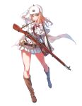  1girl belt belt_pouch blonde_hair blue_eyes blush bolt_action boots brown_boots cape commentary_request dress_shirt full_body fur_hat fur_trim girls_frontline gloves gun hand_on_own_head hat highres knee_boots long_sleeves looking_at_viewer mosin-nagant mosin-nagant_(girls_frontline) nightmaremk2 official_art rifle russia shirt skirt smile solo soviet standing star ushanka weapon white_gloves white_skirt wood 
