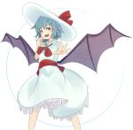  1girl :d ascot bat_wings blue_hair brooch commentary_request cowboy_shot dress frilled_dress frills hat hat_ribbon jewelry looking_at_viewer mknongr open_mouth outstretched_arm red_ascot red_eyes red_ribbon red_sash remilia_scarlet ribbon sash short_hair smile solo touhou white_background white_dress white_hat wings 