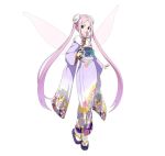  1girl blue_eyes double_bun floating_hair full_body japanese_clothes kimono long_hair looking_at_viewer obi pink_hair pink_wings purple_kimono sash simple_background smile solo standing sword_art_online twintails very_long_hair white_background white_legwear wings yukata yuna_(sao) 