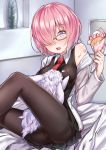  1girl bare_shoulders black_legwear black_skirt breasts eyebrows_visible_through_hair fate/grand_order fate_(series) fou_(fate/grand_order) glasses hair_over_one_eye highres large_breasts looking_at_another necktie pantyhose pink_hair red_necktie shielder_(fate/grand_order) sitting skirt sunege_(hp0715) violet_eyes 