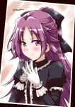  10s 1girl alternate_costume black_dress commentary dress gloves hair_ribbon hands_together jun&#039;you_(kantai_collection) kantai_collection long_hair mikage_takashi photo ponytail purple_hair ribbon smile solo twitter_username violet_eyes white_gloves 