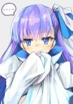  ... 1girl 3: asymmetrical_bangs bangs blush closed_mouth eyebrows_visible_through_hair fate/extra fate/extra_ccc fate/grand_order fate_(series) grey_background hand_up hands_in_sleeves highres juliet_sleeves long_hair long_sleeves looking_to_the_side meltlilith otogi_kyouka puffy_sleeves simple_background solo spoken_ellipsis upper_body white_coat 