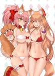  2girls animal_ears bangs bare_shoulders bikini blush bow bracelet breast_press breasts brown_hair cat_hair_ornament cat_paws choker cleavage collar commentary_request eyebrows fang fate/extra fate/extra_ccc fate/extra_ccc_fox_tail fate/grand_order fate_(series) flower fox_ears fox_shadow_puppet fox_tail hair_bow hair_flower hair_ornament hand_up highres hips jewelry large_breasts long_hair looking_at_viewer multiple_girls navel one_eye_closed open_mouth paws pink_hair ponytail red_bikini side-tie_bikini sidelocks simple_background smile strapless strapless_bikini suzuka_gozen_(fate) swimsuit symmetrical_docking tail tamamo_(fate)_(all) tamamo_cat_(fate) thigh_strap waist white_background white_bikini yaman yellow_eyes 