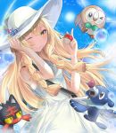  &gt;_o 1girl ;) air_bubble bangs bare_shoulders blonde_hair blue_ribbon blue_sky braid breasts bubble closed_mouth collared_dress commentary cowboy_shot day dress eyebrows_visible_through_hair fhilippedu flower green_eyes hat hat_flower hat_ribbon holding holding_hat holding_poke_ball lillie_(pokemon) litten long_hair looking_at_viewer one_eye_closed outdoors poke_ball pokemon pokemon_(creature) pokemon_(game) pokemon_sm popplio ribbon rowlet sky sleeveless sleeveless_dress small_breasts smile sun sun_hat sundress twin_braids white_dress white_hat 