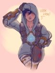  &gt;_&lt; 1girl :d blue_hair closed_eyes collarbone english gloves graffiti_tracer hood hoodie murasaki-yuri open_mouth overwatch smile solo tracer_(overwatch) xd 