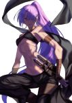  &gt;:) 1girl assassin_(fate/zero) bandeau bare_shoulders black_pants breasts cowboy_shot dagger dark_skin earrings fate/zero fate_(series) female_assassin_(fate/zero) hair_over_one_eye highres hoop_earrings jewelry karlwolf long_hair looking_at_viewer muscle muscular_female navel no_mask pants ponytail purple_hair sheath sheathed small_breasts smile solo stomach toned violet_eyes weapon 