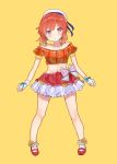 10s 1girl alternate_costume bare_legs beret commentary_request etorofu_(kantai_collection) frilled_legwear glove_bow gloves hat hat_ribbon head_tilt highres hoshimiya_nazuna kantai_collection mary_janes navel redhead ribbon shoes short_hair solo stomach violet_eyes yellow_background 