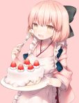  1girl apron bangs black_bow blonde_hair blush bow cake cowboy_shot cream cream_on_face eyebrows_visible_through_hair fate_(series) food food_on_face fork frilled_apron frills fruit hair_bow hand_up holding holding_fork holding_plate japanese_clothes kimono koha-ace looking_at_viewer munuko open_mouth pink_background pink_kimono plate sakura_saber short_hair simple_background smile solo strawberry yellow_eyes 