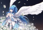 1girl absurdly_long_hair althea_(sakiya0000) angel_wings blue_bow blue_eyes blue_hair blush bow breasts crop_top feathered_wings floating_hair frilled_skirt frills hair_between_eyes hair_bow hands_clasped high_ponytail kneeling long_hair medium_breasts midriff miniskirt neck_ribbon original parted_lips petals pleated_skirt ribbon skirt solo stomach suspender_skirt suspenders thigh-highs very_long_hair white_flower white_legwear white_skirt white_wings wings zettai_ryouiki 