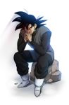  1boy black_eyes black_hair boots dragon_ball dragon_ball_super full_body gokuu_black highres jewelry light male_focus shiny signature single_earring sitting solo umelim white_boots 