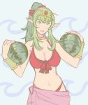  1girl bikini breasts chiki fire_emblem fire_emblem:_kakusei fire_emblem:_mystery_of_the_emblem fire_emblem_heroes green_eyes green_hair hair_ornament highres jivke long_hair looking_at_viewer navel pointy_ears ponytail red_bikini smile solo swimsuit 