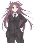  10s black_necktie blazer formal hand_on_hip highres jacket jun&#039;you_(kantai_collection) kantai_collection long_hair nao_(qqqbb) necktie pant_suit pants purple_hair simple_background spiky_hair suit very_long_hair violet_eyes 