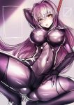  1girl armor ass bodysuit breasts covered_navel fate/grand_order fate_(series) gae_bolg highres holding holding_weapon large_breasts long_hair looking_at_viewer pauldrons polearm purple_bodysuit purple_hair red_eyes scathach_(fate/grand_order) shiny shiny_clothes shoulder_armor silly_(marinkomoe) solo spear weapon 
