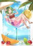  1girl alcohol artist_name bendy_straw black_bra blue_shorts blue_sky bra bracelet breasts cantaloupe cherry_blossoms clouds crop_top cup cutoffs day denim denim_shorts deviantart_username drinking_straw floating flower flower_necklace flower_request food fruit goggles goggles_on_head green_eyes green_hair green_nails gumi hair_flower hair_ornament happy highres holding holding_fruit ice ice_cube in_container in_cup jewelry leaf leaning_back leg_garter lemon lemon_slice looking_at_viewer medium_breasts nail_polish navel necklace open_mouth oversized_object palm_tree partially_submerged sandals shorts sitting sky solo stomach sunlight thighs toenail_polish tongue tree underwear vocaloid watermark web_address yan_wong 