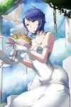 1girl bare_shoulders bird blue_hair bouquet breasts cleavage commentary_request dress flower gloves holding holding_bouquet idolmaster idolmaster_cinderella_girls jewelry pigeon rerere short_hair smile solo wakui_rumi wedding_dress white_gloves yellow_eyes 