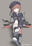  10s 1girl bangs black_legwear black_shoes blunt_bangs brown_eyes brown_hair closed_mouth foreshortening frown full_body hat highres kantai_collection karlwolf long_sleeves looking_away machinery military military_hat military_uniform peaked_cap sailor_collar shoes short_hair sitting socks solo turret twitter_username uniform z3_max_schultz_(kantai_collection) 