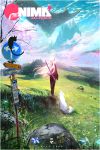  1girl black_cat cat cherry_blossoms commentary fantasy floating_island from_behind glowing glowing_hair landscape long_hair mountain nima_(ross_tran) original petals road_sign ross_tran sign solo_focus sword weapon white_hair white_wolf wolf 