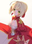  1girl ahoge bangs beige_background blonde_hair blush braid breasts center_opening cleavage closed_mouth dress epaulettes fate/extra fate_(series) french_braid green_eyes hair_intakes hair_ribbon highres juliet_sleeves long_sleeves looking_at_viewer medium_breasts munuko puffy_sleeves red_dress red_ribbon ribbon saber_extra sidelocks simple_background smile solo 