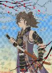  1boy armor cherry_blossoms clouds fire_emblem fire_emblem_if highres hinata_(fire_emblem_if) holding holding_sword holding_weapon japanese_clothes katana male_focus ponytail scar scar_on_cheek sheath sheathed smile solo sword tempe weapon 