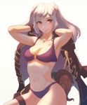  1girl arm armpits arms_up bare_arms bare_legs bare_shoulders bikini blush breasts cape closed_mouth female female_my_unit_(fire_emblem:_kakusei) fire_emblem fire_emblem:_kakusei fire_emblem_heroes gloves hands_behind_head jewelry koyoriin legband legs long_hair looking_at_viewer medium_breasts my_unit_(fire_emblem:_kakusei) navel neck necklace nintendo o-ring_bikini octopus open_mouth purple_bikini purple_swimsuit red_eyes silver_hair smile swimsuit two_side_up 