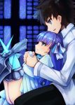  1boy 1girl armor armored_boots black_hair blue_eyes blush boots closed_mouth fate/extra fate/extra_ccc fate/grand_order fate_(series) fujimaru_ritsuka_(male) hair_ribbon hand_holding hands_up highres indoors juliet_sleeves knees_up legs_together long_hair long_sleeves meltlilith open_mouth otogi_kyouka profile puffy_sleeves purple_hair ribbon sitting slacks smile teeth thigh-highs uniform white_coat white_ribbon window 