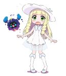  &gt;_&lt; 1girl bangs bare_shoulders blonde_hair blue_ribbon blue_shoes blunt_bangs blush braid chibi closed_eyes collarbone collared_dress commentary_request cosmog dress eyebrows_visible_through_hair flying_sweatdrops full_body green_eyes hat hat_ribbon kneehighs lillie_(pokemon) long_hair open_mouth pokemon pokemon_(creature) pokemon_(game) pokemon_sm ribbon see-through shadow shoes short_eyebrows simple_background sleeveless sleeveless_dress standing sun_hat sundress thick_eyebrows tiptoes toshi_mellow-pretty twin_braids white_background white_dress white_hat white_legwear 