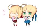  2girls :t ^_^ ahoge bangs black_legwear blonde_hair blouse blue_ribbon blue_skirt blush chibi closed_eyes crepe dress eating eyebrows_visible_through_hair fate/extra fate/stay_night fate_(series) food food_on_face green_eyes hair_intakes hair_ribbon heart jitome long_sleeves mary_janes multiple_girls munuko red_dress red_ribbon red_shoes ribbon saber saber_extra shoes sidelocks simple_background skirt smile standing white_background white_blouse white_legwear 