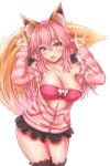  1girl animal_ears black_legwear blush breasts cleavage collarbone eyebrows_visible_through_hair fangs fate/extra fate_(series) fox_ears fox_tail highres large_breasts long_hair long_sleeves looking_at_viewer navel open_mouth pink_hair rommeling smile tail tamamo_(fate)_(all) tamamo_no_mae_(fate) thigh-highs unzipped yellow_eyes 