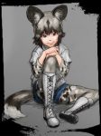  african_wild_dog_(kemono_friends) animal_ears baten_(gei-vorugu) black_hair boots brown_eyes camouflage commentary_request cross-laced_footwear grey_background grey_hair grey_legwear hands_on_own_knee kemono_friends lace-up_boots long_sleeves looking_at_viewer multicolored_hair shorts sitting smile tail two-tone_hair 