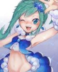  1girl ;d aqua_eyes aqua_hair bangs breasts choker colored_eyelashes earrings groin hair_ornament highres hip_bones jewelry long_hair looking_at_viewer lucia_(pokemon) midriff navel one_eye_closed open_mouth pokemon pokemon_(game) pokemon_oras ponytail sidelocks simple_background small_breasts smile stomach upper_body v yellowking_hiro 