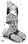  1girl 2017 artist_name between_breasts between_legs black_gloves breast_pocket breasts closed_mouth dated expressionless eyebrows_visible_through_hair fingerless_gloves folded_ponytail gloves green_eyes grey_hair grey_jacket grey_legwear grey_necktie hair_between_eyes kemono_friends kneeling kojima_saya medium_breasts necktie pantyhose pocket shadow shoebill_(kemono_friends) short_sleeves simple_background solo tail white_background 