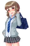  alternate_hair_length alternate_hairstyle bag bangs blunt_bangs blush brown_eyes brown_hair commentary_request idolmaster idolmaster_cinderella_girls kamiya_nao necktie over_shoulder school_bag school_uniform short_hair sidelocks skirt wavy_mouth yasuhito 