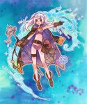  1girl alternate_costume basket belt bikini blanchelune boots brown_gloves female_my_unit_(fire_emblem:_kakusei) fire_emblem fire_emblem:_kakusei fire_emblem_heroes fish fishing_net gloves jacket_on_shoulders looking_at_viewer my_unit_(fire_emblem:_kakusei) octopus pointing polearm silver_hair smile solo swimsuit thigh_strap trident twintails water weapon 
