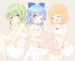  3girls :d ;o bare_shoulders blonde_hair bloomers blue_eyes blue_hair bow bra child cirno closed_eyes collarbone commentary_request daiyousei eyebrows_visible_through_hair fairy_wings fang green_eyes green_hair hair_bow hair_ornament hair_scrunchie long_hair looking_at_viewer mimi_(mimi_puru) multiple_girls navel one_eye_closed open_mouth pillow pillow_hug rubbing_eyes rumia scrunchie short_hair side_ponytail smile touhou underwear underwear_only wings wrist_scrunchie |d 