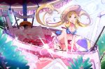  1girl bikini blonde_hair blush breasts cleavage collarbone cup drinking_glass large_breasts long_hair looking_at_viewer navel original parted_lips pot-palm smile summer swimsuit twintails yellow_eyes 