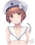  10s 1girl auburn_hair bikini bow breasts brown_eyes brown_hair collarbone dated enemy_naval_mine_(kantai_collection) eyebrows_visible_through_hair hat kantai_collection looking_at_viewer military_hat parted_lips peaked_cap rokuwata_tomoe sailor_bikini sailor_collar sailor_hat short_hair simple_background small_breasts solo striped striped_bow swimsuit twitter_username upper_body white_background white_bikini white_hat z3_max_schultz_(kantai_collection) 