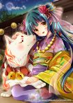  1girl animal blue_hair blush company_name dog eyebrows_visible_through_hair flower hair_flower hair_ornament jewelry long_hair looking_at_viewer mohumohu-san moon necklace night night_sky outdoors parted_lips petting ponytail shinkai_no_valkyrie sitting sky smile yellow_eyes 