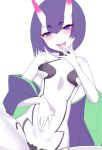  1girl bare_shoulders breasts eyebrows_visible_through_hair fangs fate/grand_order fate_(series) horns looking_at_viewer navel purple_hair short_hair shuten_douji_(fate/grand_order) silly_(marinkomoe) simple_background small_breasts solo thighs tongue violet_eyes 