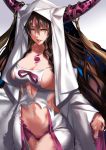  1girl :d bangs bare_shoulders black_hair breasts cleavage collarbone cowboy_shot detached_sleeves facial_mark fate/extra fate/extra_ccc fate/grand_order fate_(series) forehead_mark highres horn_ornament horns karlwolf large_breasts long_hair long_sleeves looking_at_viewer mature navel open_mouth panties parted_lips purple_panties revealing_clothes sesshouin_kiara sideboob smile solo stomach underwear veil very_long_hair wavy_hair wide_sleeves yellow_eyes 