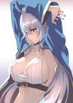  1girl ahoge arms_up belt blush braid breasts buckle cleavage collarbone gradient gradient_background granblue_fantasy jacket large_breasts long_hair midriff natsuhiko open_clothes open_jacket silva_(granblue_fantasy) silver_hair solo yellow_eyes 