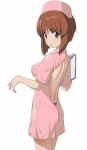  1girl a1 alternate_costume backless_outfit breasts brown_eyes brown_hair clipboard covered_nipples cowboy_shot flying_sweatdrops from_side girls_und_panzer hat holding medium_breasts nishizumi_miho nurse nurse_cap parted_lips solo standing white_background 