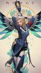  1girl alternate_costume alternate_hairstyle armband arms_behind_head artist_name belt beret blonde_hair blue_bodysuit blue_eyes blue_flower bodysuit breasts character_name combat_medic_ziegler commentary contrapposto cowboy_shot glowing glowing_wings haren_(kim_han_seul) hat highres holding holding_staff light_smile long_sleeves looking_at_viewer looking_to_the_side mechanical_wings medium_breasts mercy_(overwatch) nose overwatch pliers pouch red_lips short_hair signature solo spread_wings staff utility_belt white_background white_hat wings 