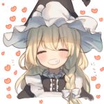  1girl ^_^ apron braid closed_eyes facing_viewer frilled_apron frills grin hair_ribbon hat kirisame_marisa munuko ribbon side_braid simple_background smile solo teeth touhou tress_ribbon upper_body white_background white_ribbon witch_hat 