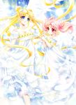  2girls bishoujo_senshi_sailor_moon blonde_hair blue_eyes breasts chibi_usa cleavage crescent double_bun dress facial_mark feathered_wings feathers forehead_mark hair_ornament hairpin long_hair looking_at_another medium_breasts multiple_girls pink_hair princess_serenity red_eyes shirataki_kaiseki short_hair small_lady_serenity smile tsukino_usagi twintails white_dress white_wings wings 