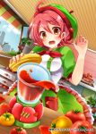  1girl ahoge blender blush brown_eyes company_name eyebrows_visible_through_hair food green_ribbon hat looking_away mohumohu-san open_mouth red_hat redhead ribbon shinkai_no_valkyrie short_hair solo table tearing_up tomato tomato_juice window 