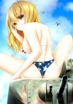  1girl :3 american_flag_bikini bikini bird blonde_hair breasts clouds day flag_print ground_vehicle highres m3_lee military military_vehicle motor_vehicle original sky swimsuit tank tukiyofree yellow_eyes 